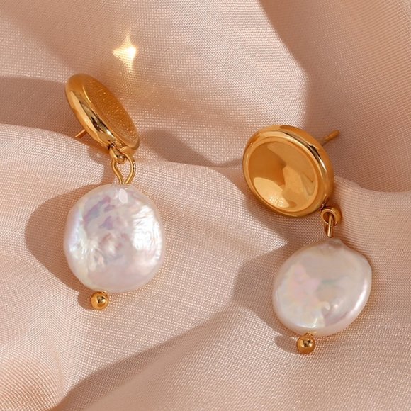 18K Gold Plated Round Stud Fresh Water Pearl Drop Earrings Stainless Steel - Picture 4 of 8